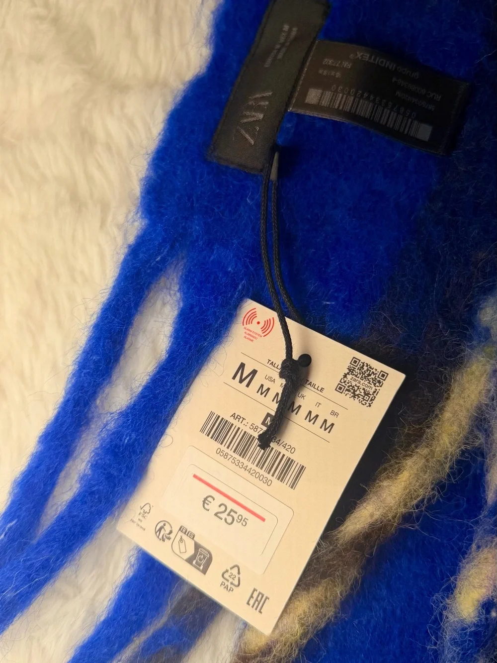 Zara Royal Blue Plaid Fringed Scarf with Cream & Black Stripes